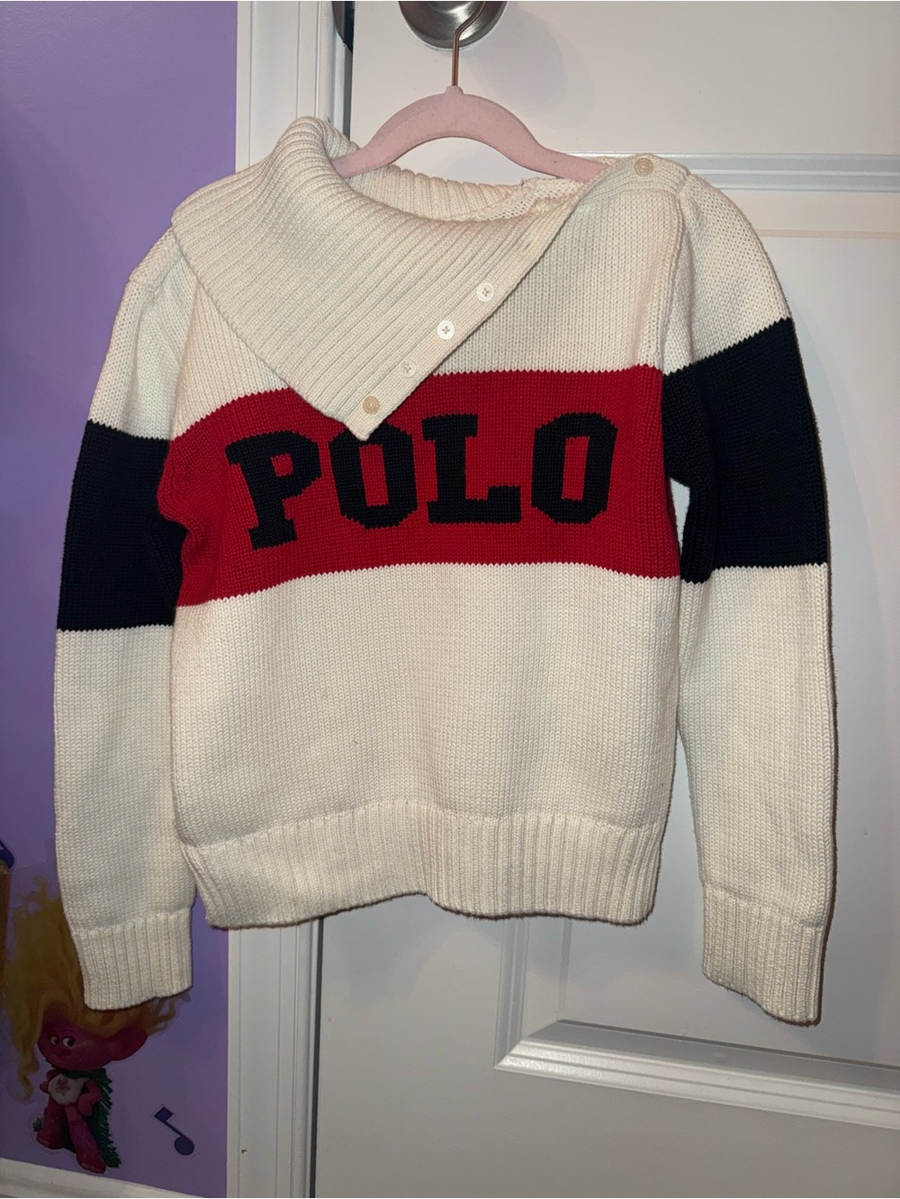 Polo by Ralph Lauren Cream Red Black Logo Knit Funnel Neck Sweater